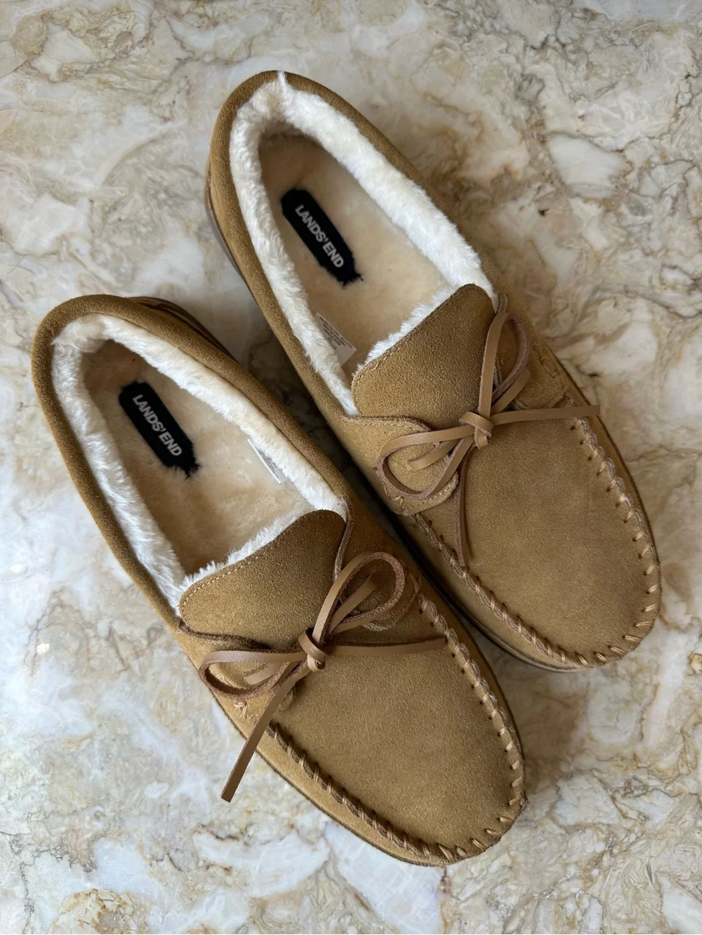 NEW Men's 11 Lands End Lined Moccasin Slippers Indoor Outdoor English Tan Brown